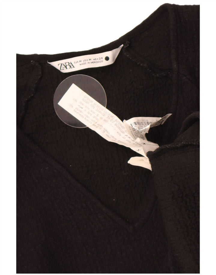 Zara Womens Crop 3/4 Sleeve Blouse Top UK 12 Laine Noir Moyen