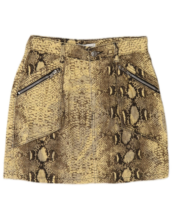 Topshop Mini jupe graphique pour femme UK 8 Small W26 en coton imprimé animal jaune
