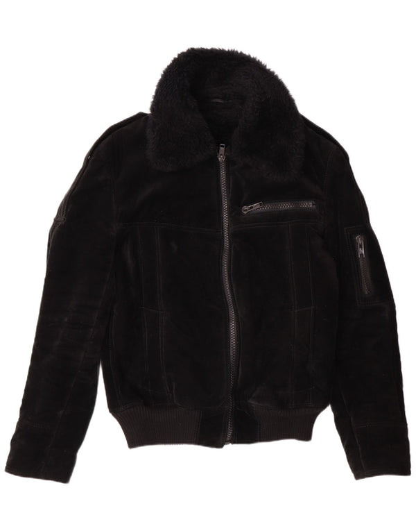 VINTAGE Veste Sherpa Femme UK 12 Viscose Noir Moyen
