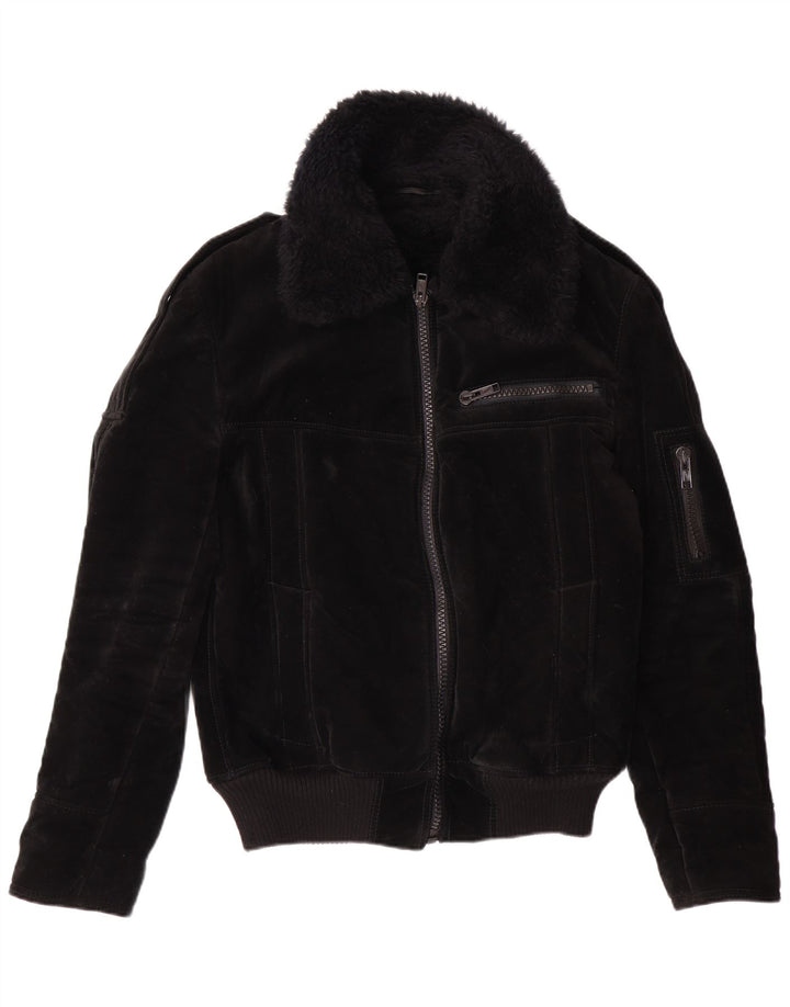 VINTAGE Veste Sherpa Femme UK 12 Viscose Noir Moyen
