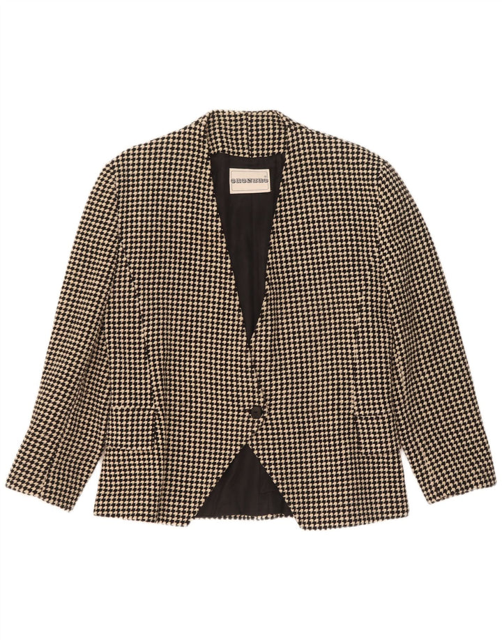 vintage Femme 1 Bouton Blazer Veste UK 14 Moyen Noir Pied-de-poule Laine