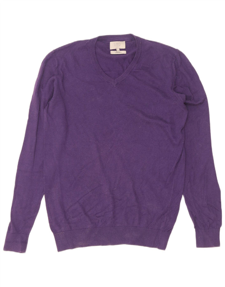 Marks & Spencer Pull coupe classique à col en V pour homme en coton violet moyen