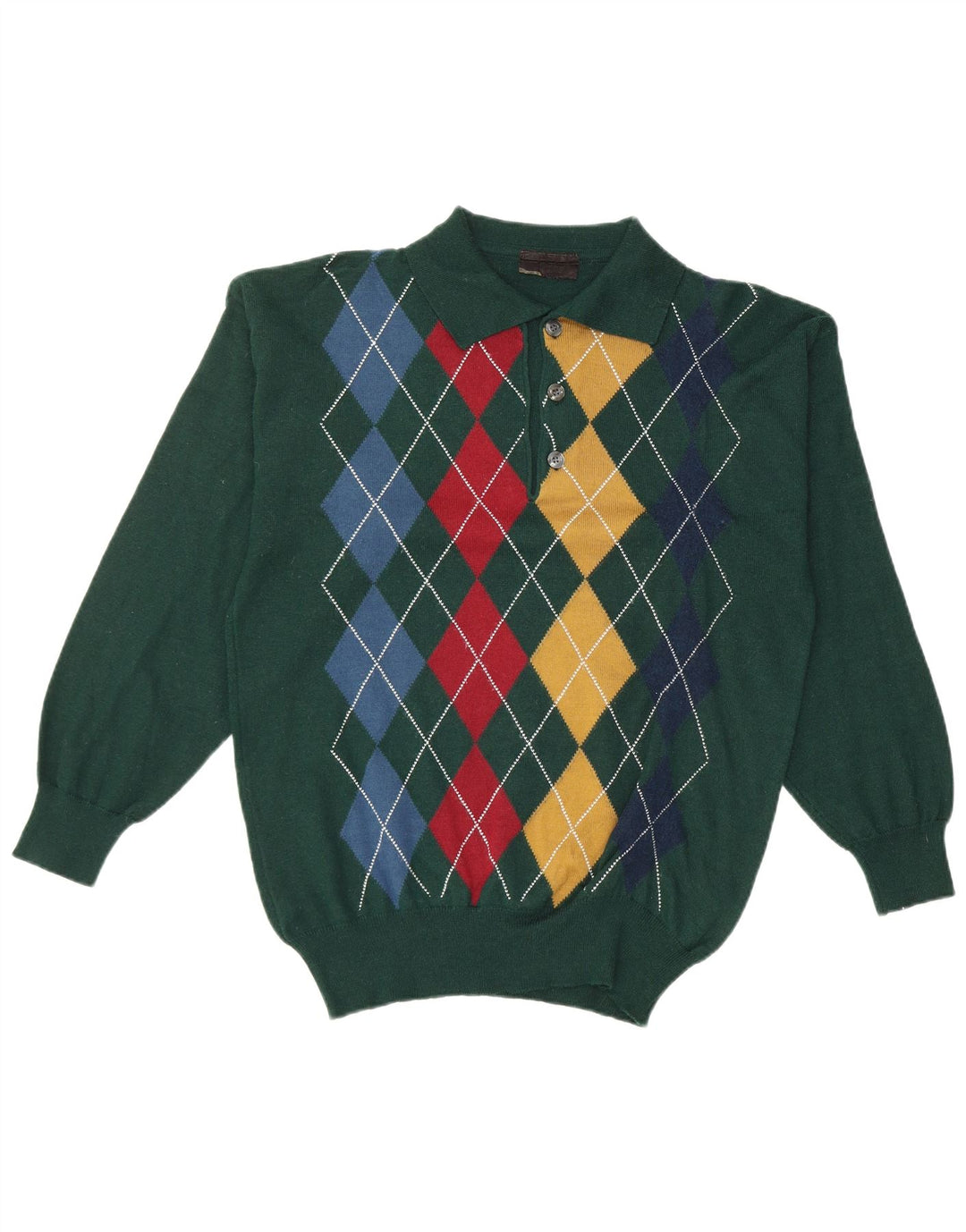 VINTAGE Pull col polo homme petit vert Argyle/Diamond laine