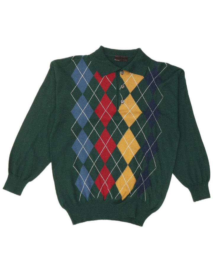 VINTAGE Pull col polo homme petit vert Argyle/Diamond laine