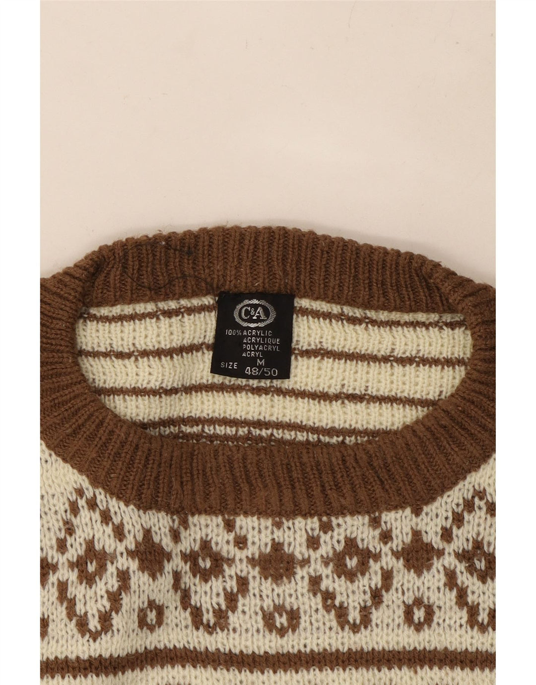 C & A Pull col rond pour homme IT 48/50 Beige moyen Fair Isle