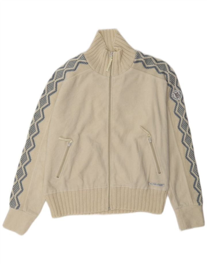 veste polaire femme vintage UK 14 Grand polyester géométrique blanc cassé