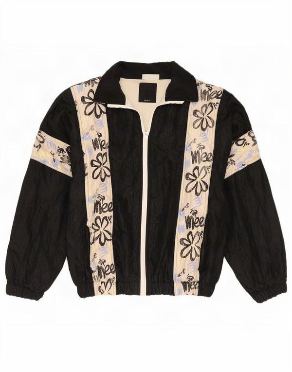 vintage Mens Loose Fit Survêtement Top Veste Moyen Noir Floral Nylon Rétro