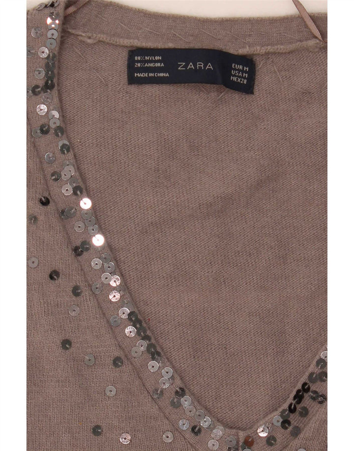 Zara Pull col V pour femme UK 14 Marron moyen