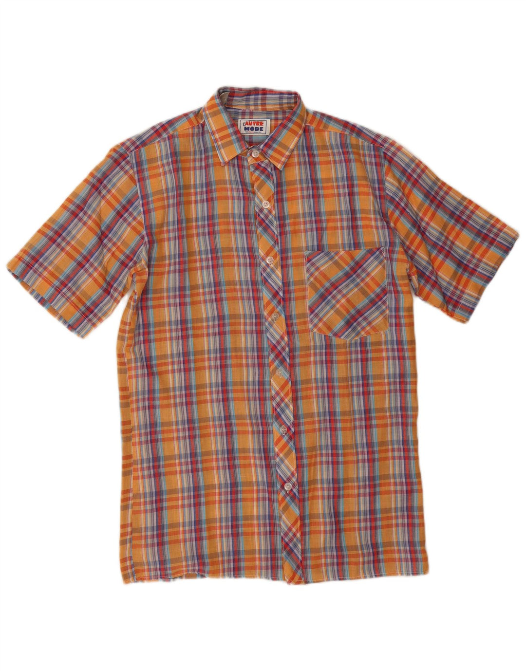chemise à manches courtes vintage pour hommes petit polyester à carreaux orange