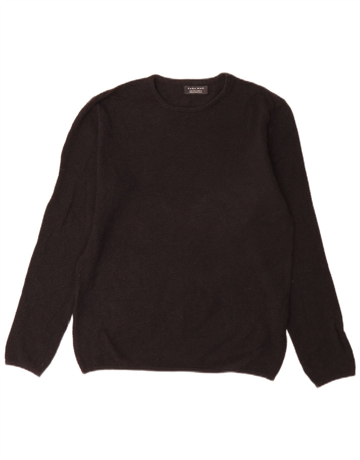 Zara Pull à col rond pour homme en coton noir Large
