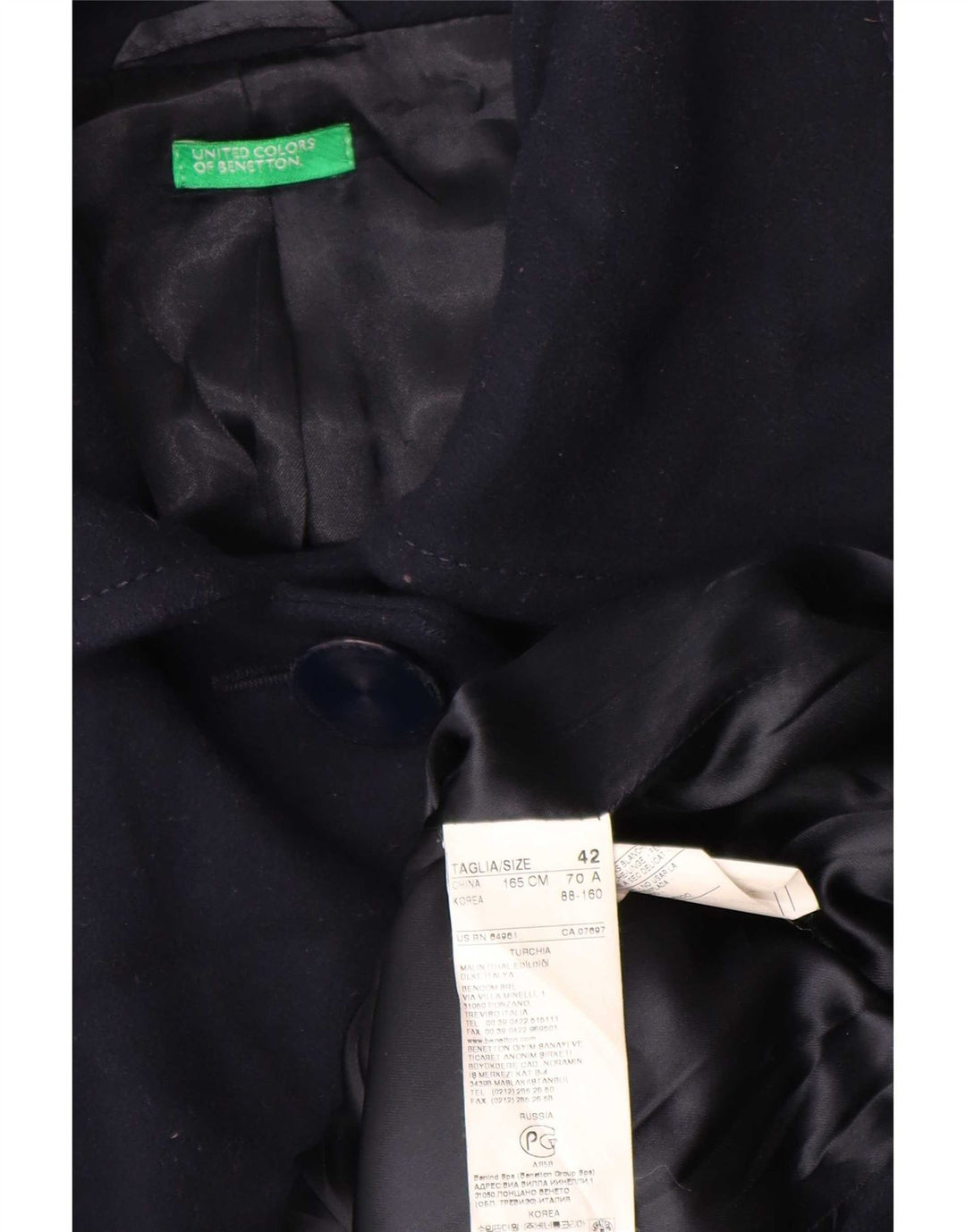 Benetton Pardessus Femme IT 42 Laine Bleu Marine Moyen