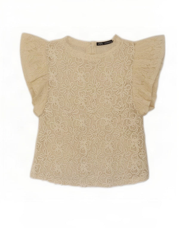 Zara Womens Crop Lace Blouse Top UK 12 Medium Beige Floral
