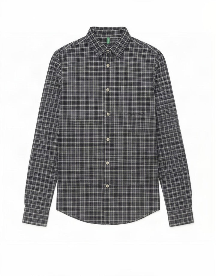 Benetton Chemise Homme Petit Carreau Bleu Coton