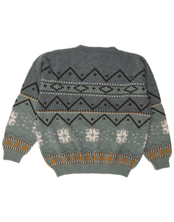 vintage Mens Crew Neck Jumper Pull IT 52 Grand Bleu Fair Isle