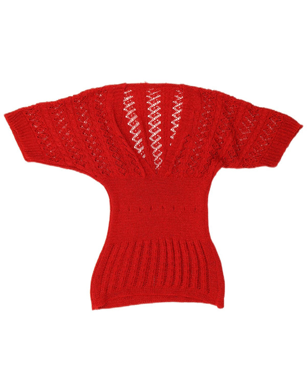 vintage Femmes Manches Courtes Col V Jumper Pull UK 8 Petit Rouge