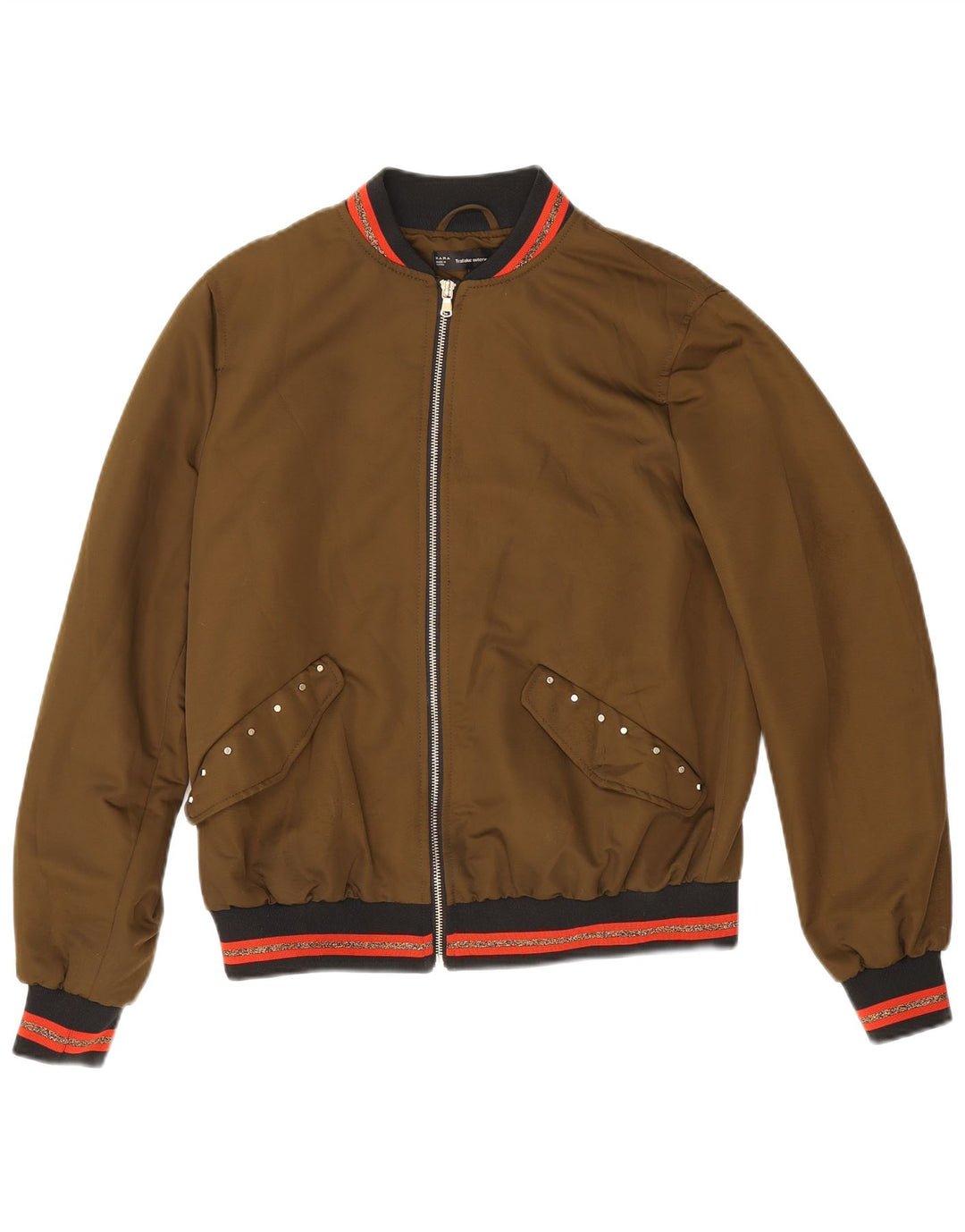Zara Womens Graphic Bomber Jacket UK 14 Moyen Kaki Rayé