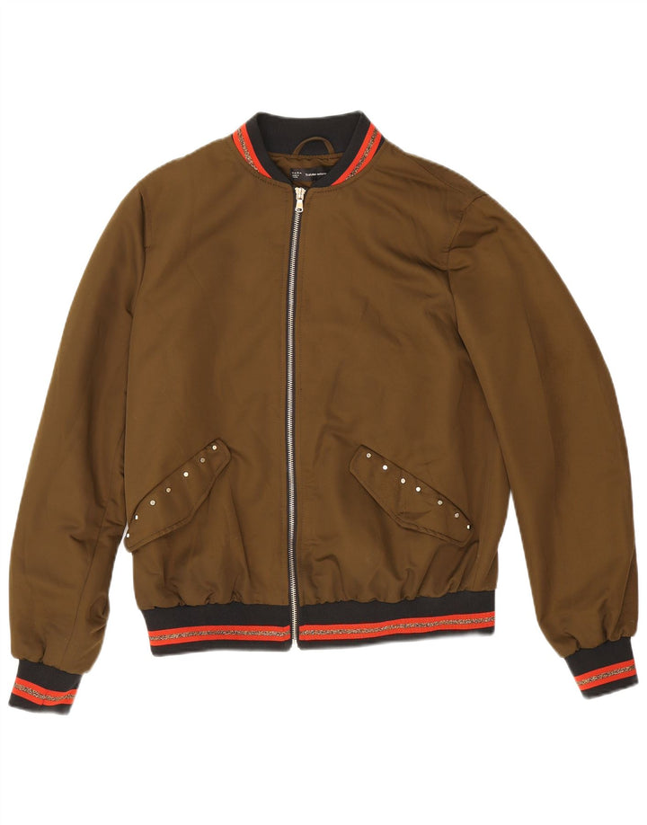Zara Womens Graphic Bomber Jacket UK 14 Moyen Kaki Rayé