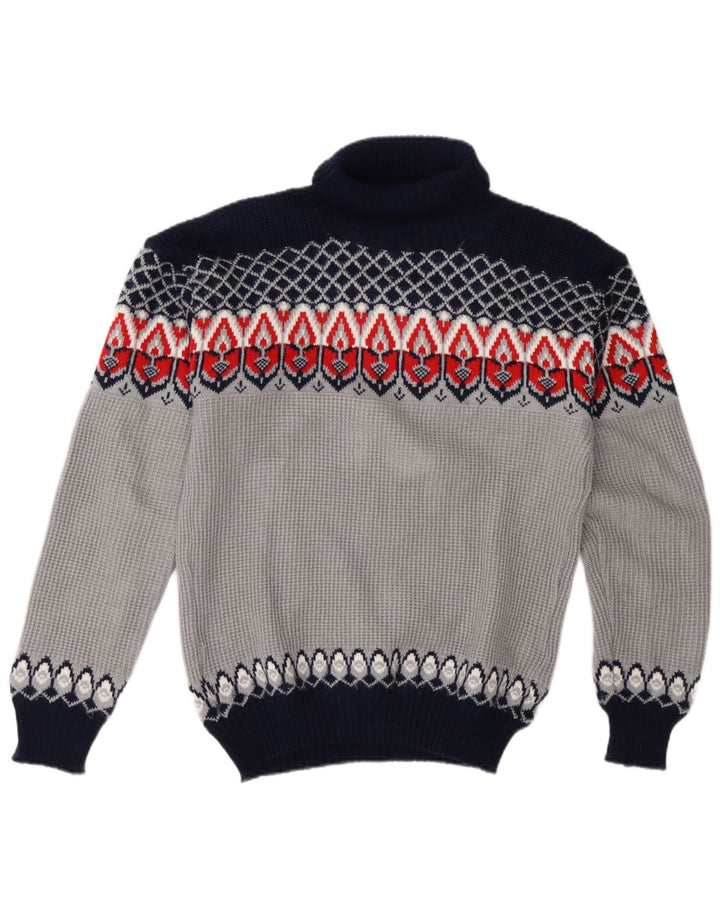 vintage Mens Roll Neck Jumper Pull Moyen Bleu Fair Isle Acrylique