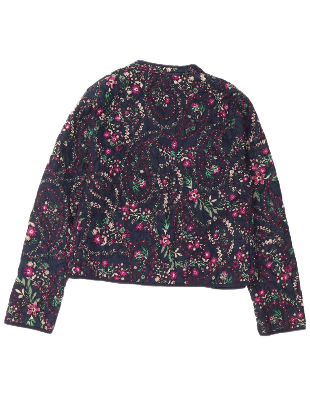 Monsoon Veste Blazer Ouverte Femme UK 12 Coton Floral Bleu Marine Moyen