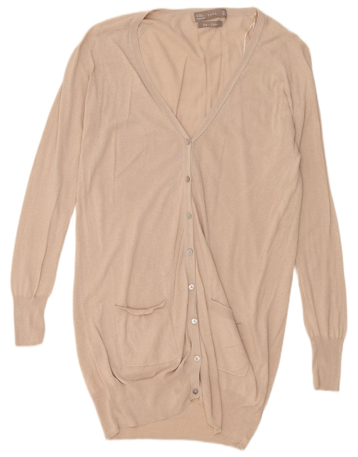 Zara Cardigan long pour femme UK 14 en soie beige moyen