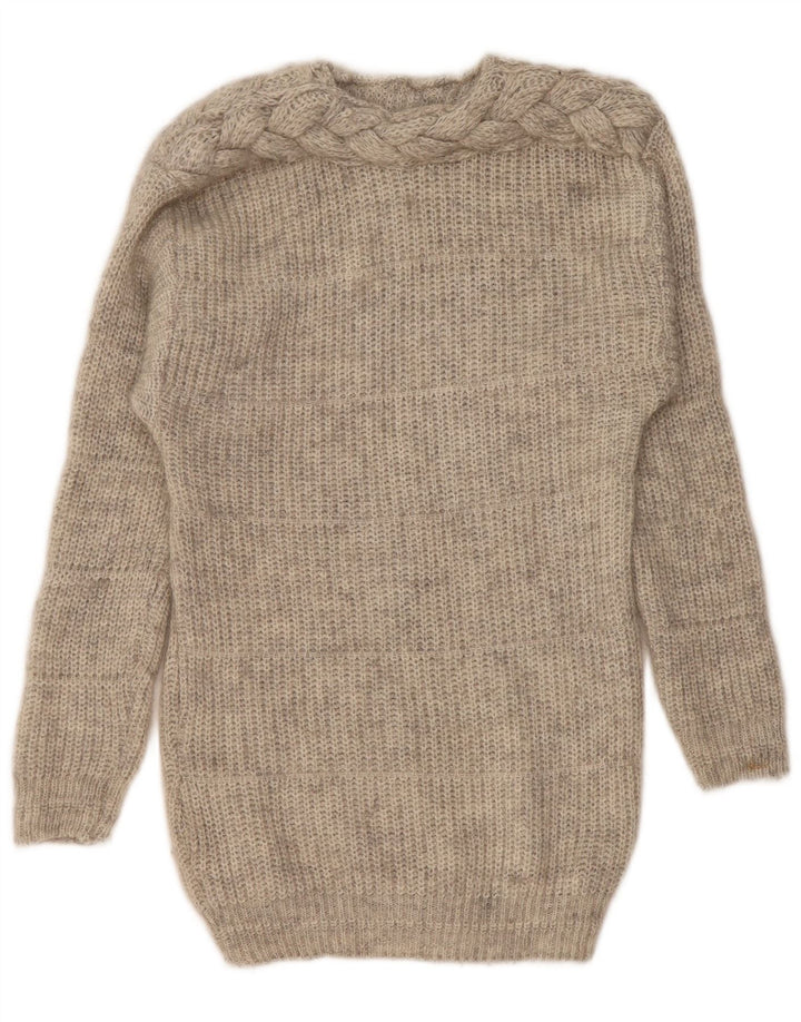 vintage Femmes Longline Crew Neck Jumper Pull UK 14 Gris Moyen