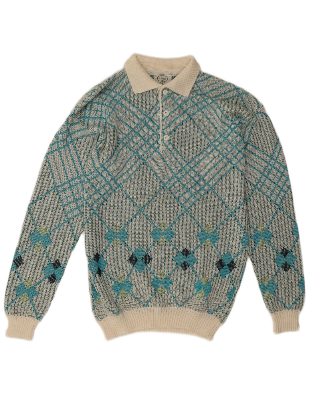 vintage Mens Polo Neck Jumper Pull Moyen Bleu Géométrique