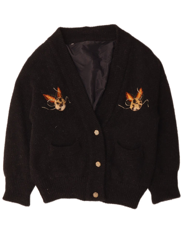 vintage Femmes Graphique Surdimensionné Cardigan Pull UK 14 Moyen Noir