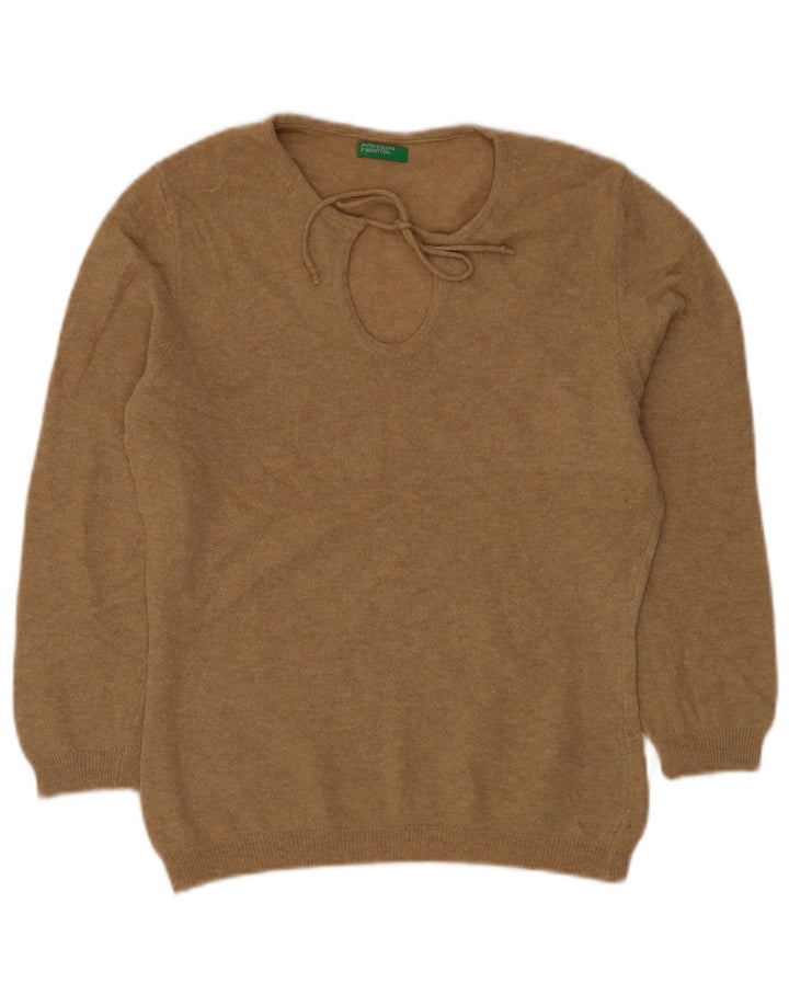 BENETTON Pull col bateau pour femme UK 12 Laine vierge beige moyen