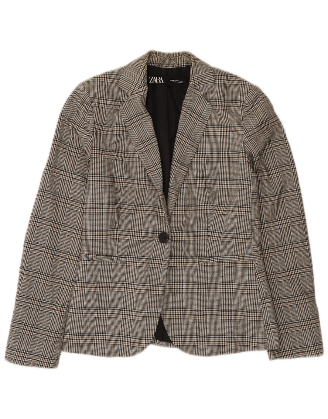 Zara Veste Blazer 1 Bouton Femme EU 34 2XS Gris Carreaux Polyester