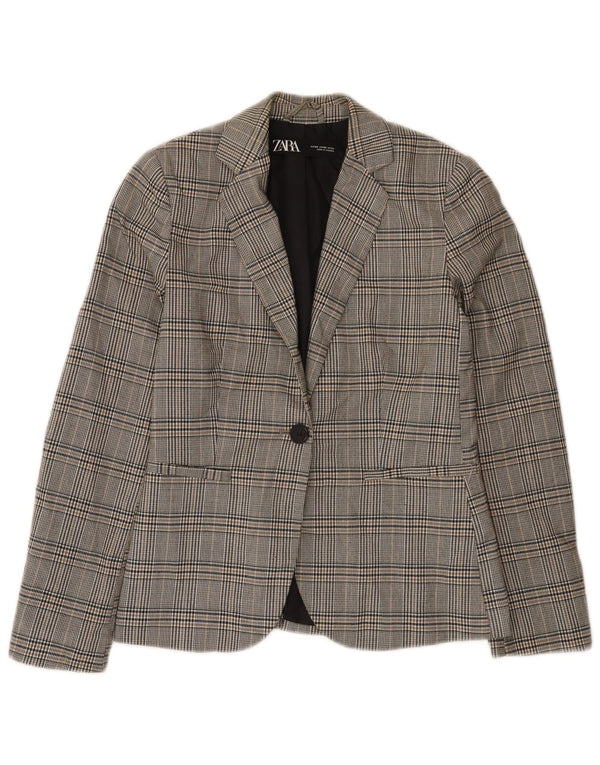 Zara Veste Blazer 1 Bouton Femme EU 34 2XS Gris Carreaux Polyester