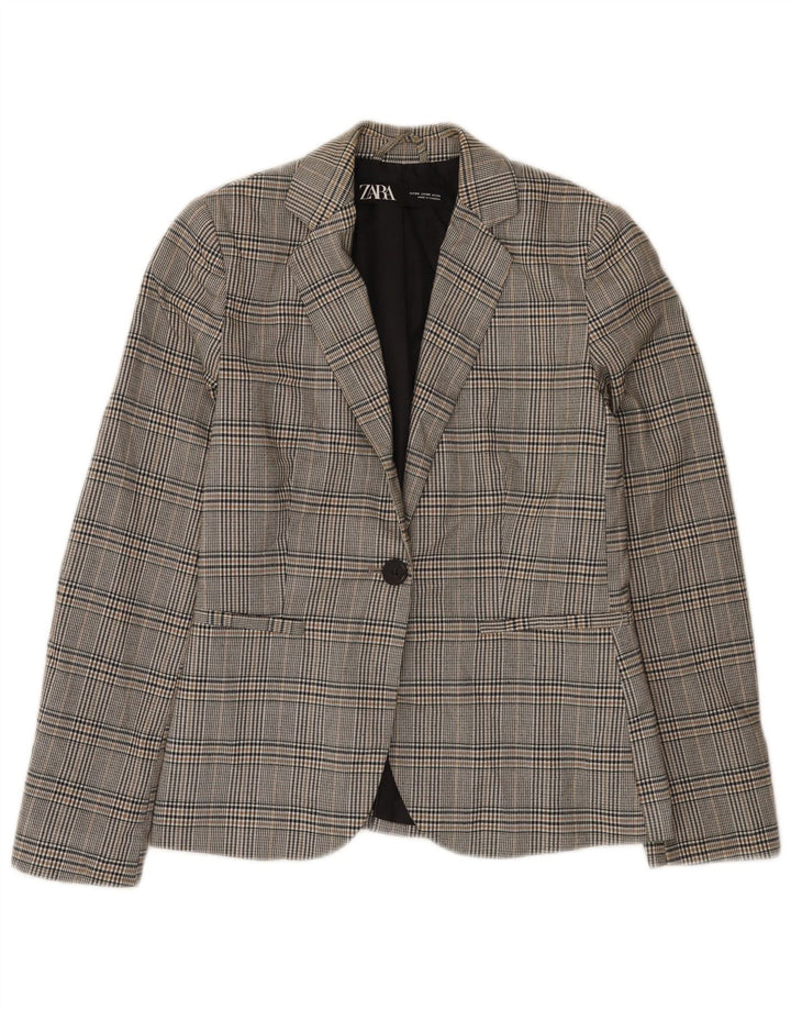 Zara Veste Blazer 1 Bouton Femme EU 34 2XS Gris Carreaux Polyester