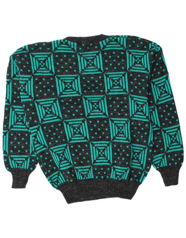 vintage Mens Crew Neck Jumper Pull Grand Vert Géométrique Acrylique