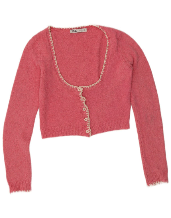 Zara Womens Crop Cardigan Sweater UK 12 Coton Rose Moyen