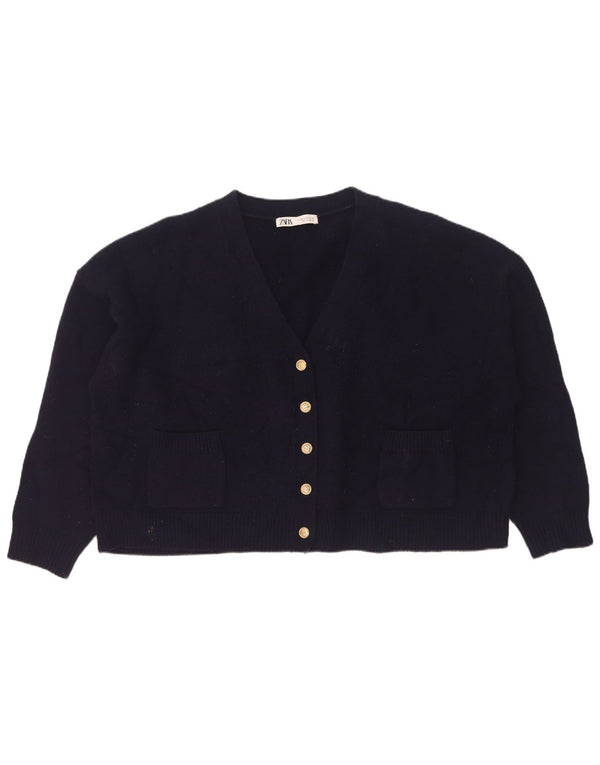 Zara Womens Crop Oversize Cardigan Pull UK 18 XL Bleu Marine Laine