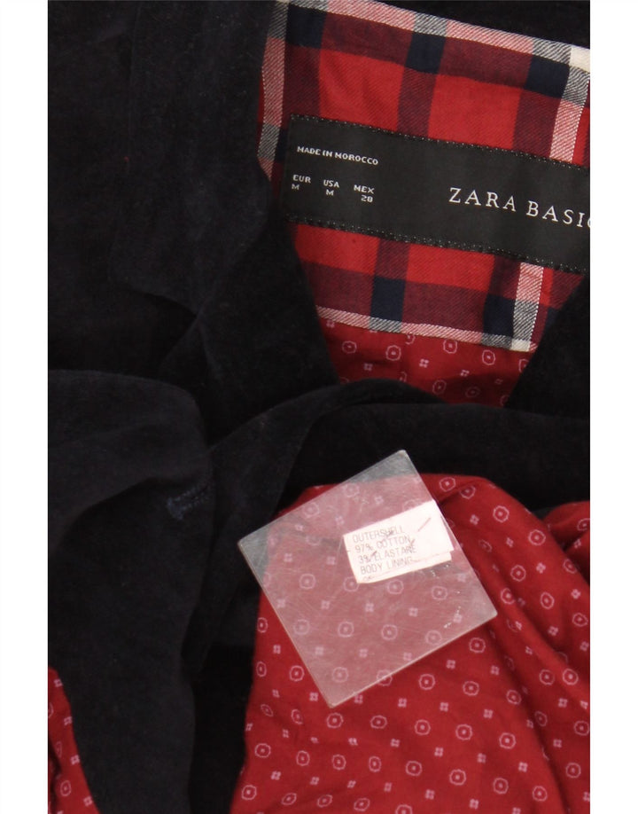 Zara Veste blazer en velours à 2 boutons pour femme UK 12 Bleu marine moyen en coton