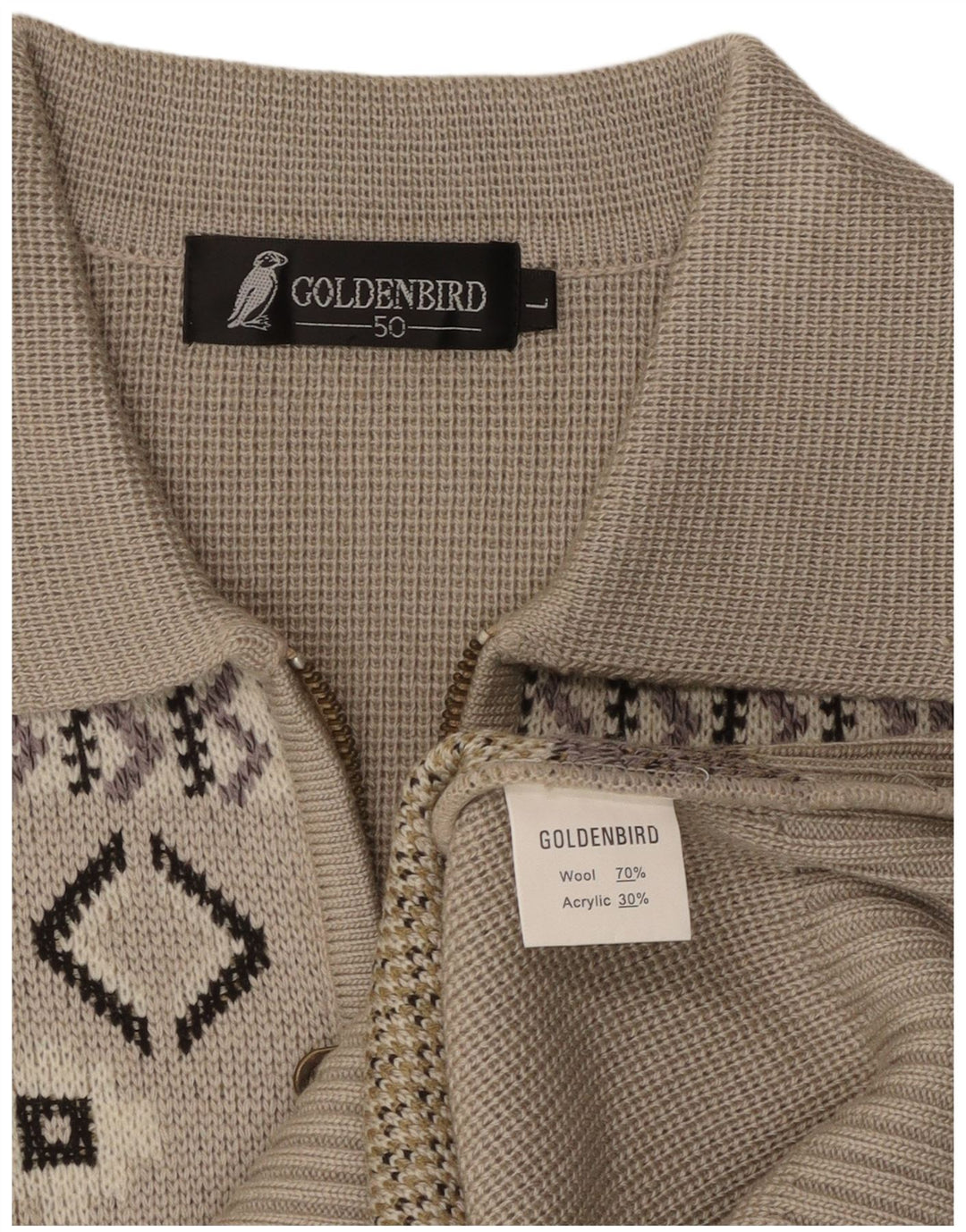 VINTAGE Pull col polo homme IT 50 Beige moyen géométrique