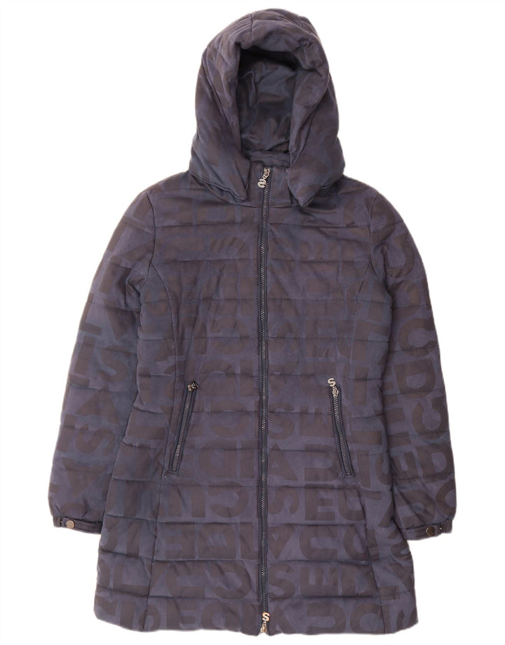 Desigual Manteau matelassé à capuche graphique pour femme EU 40 Bleu marine moyen Polyester