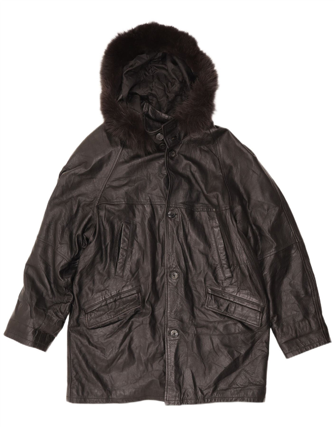 vintage Femmes Loose Fit Manteau en cuir à capuche UK 18 XL Cuir Noir