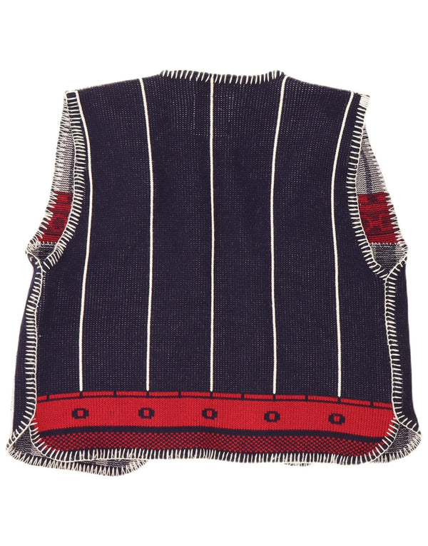 vintage Mens Cardigan sans manches Pull Petit Bleu Marine Colorblock