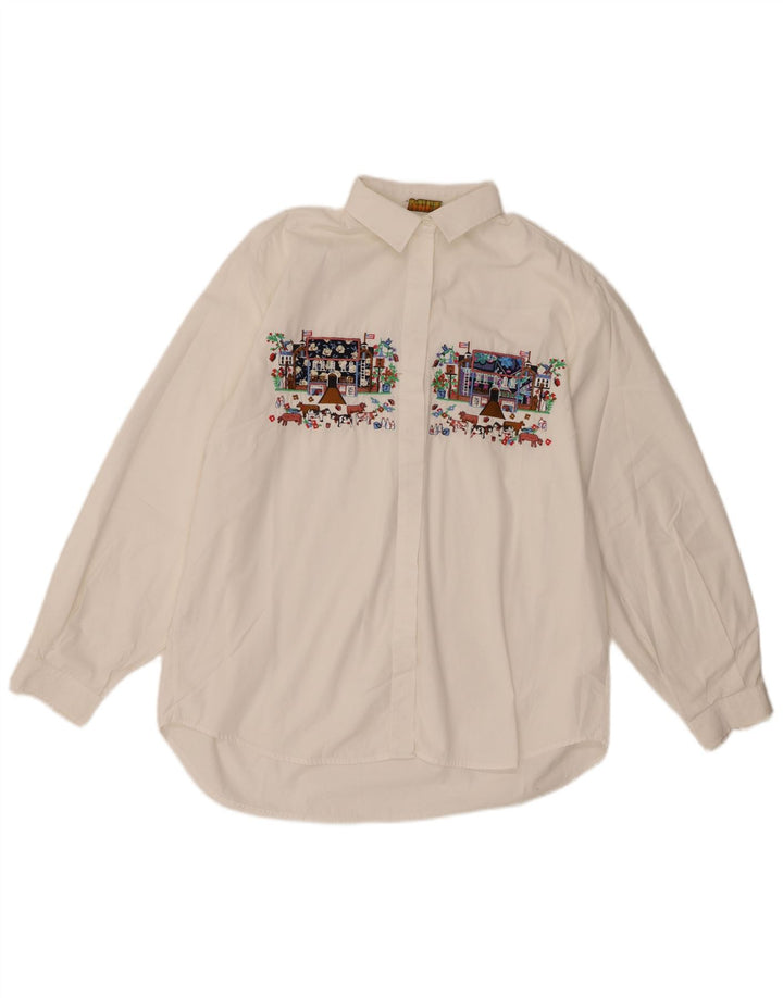 chemise graphique femme vintage UK 14 Grand coton blanc