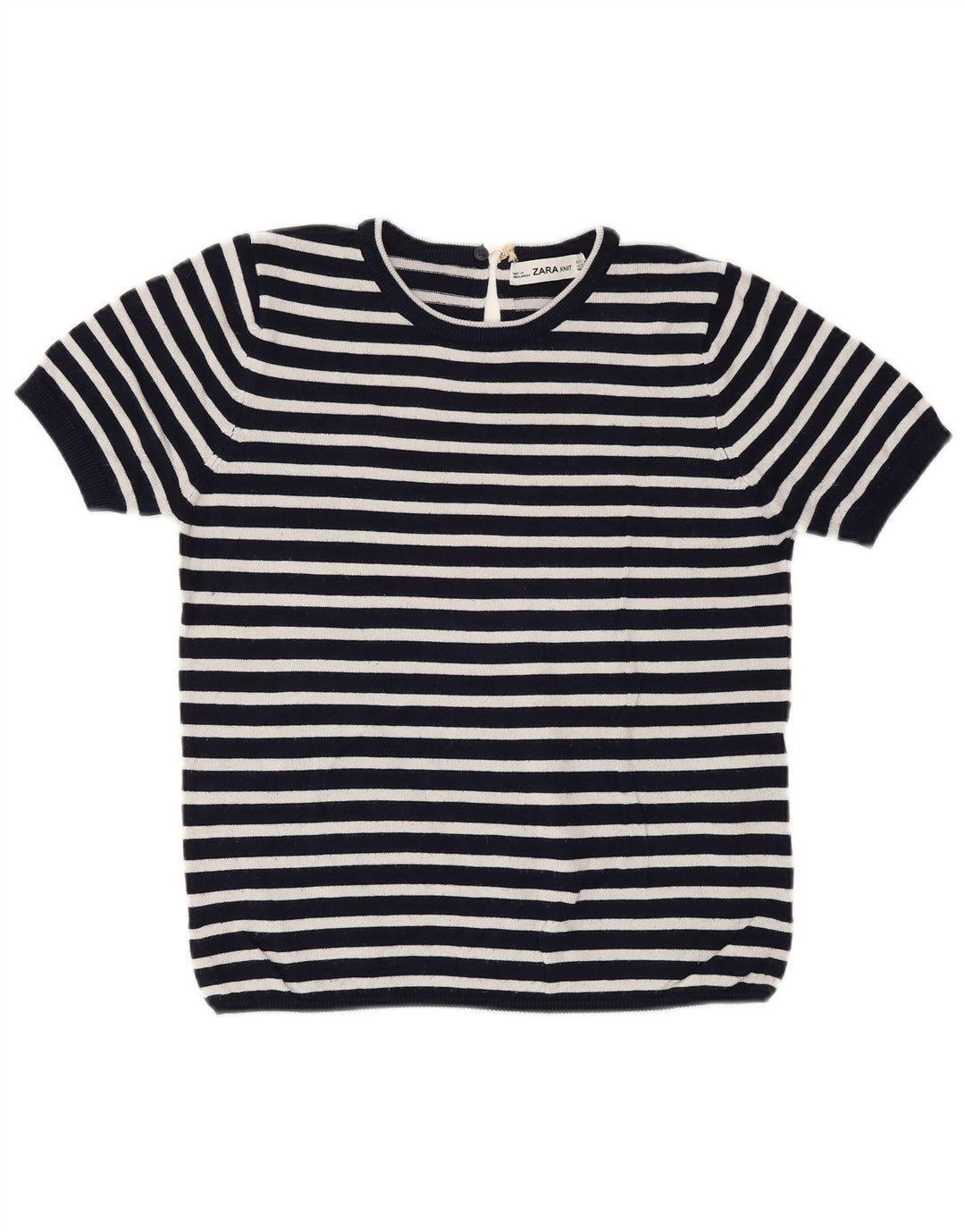 ZARA Pull court à col rond pour femme UK 10 Petit bleu marine rayé