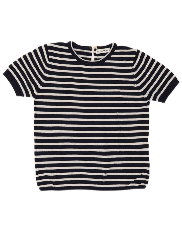 ZARA Pull court à col rond pour femme UK 10 Petit bleu marine rayé