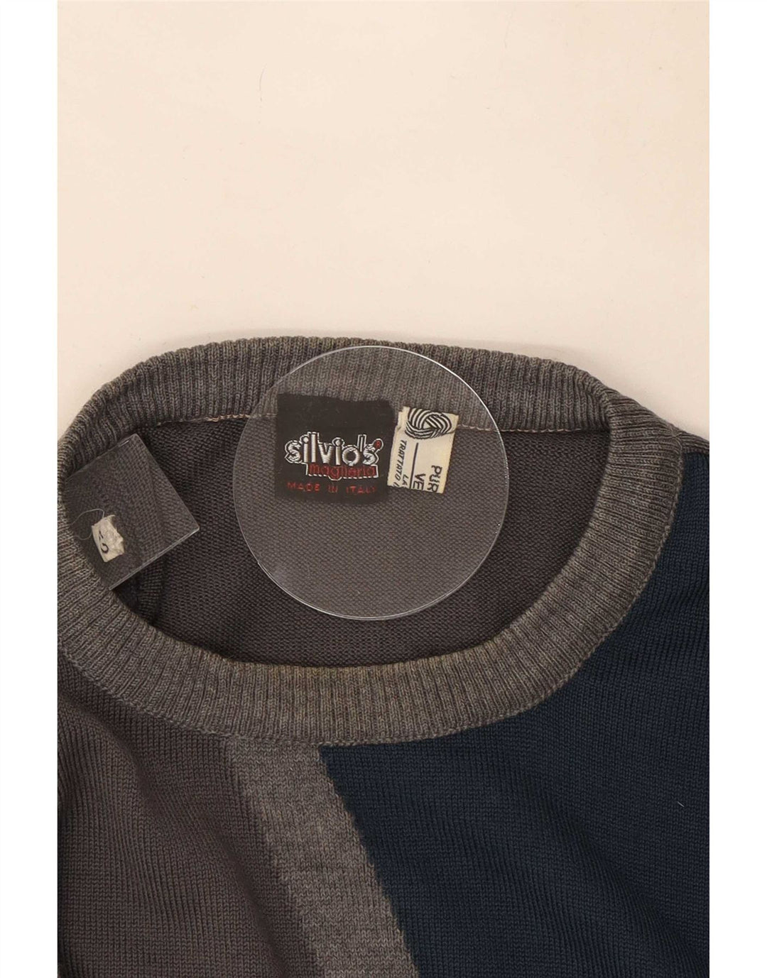 vintage Mens Crew Neck Jumper Pull IT 52 Grand Gris Colorblock