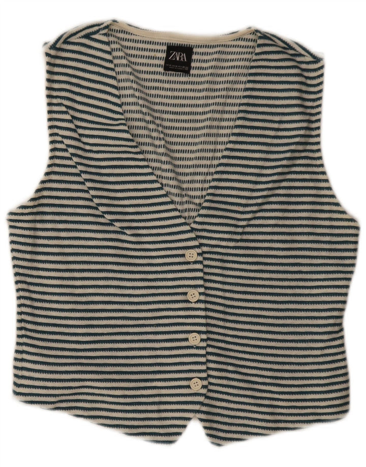 Zara Gilet Femme UK 12 Coton Rayé Bleu Moyen