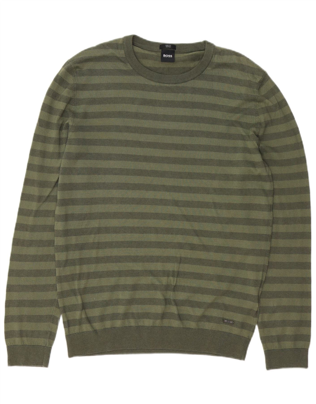HUGO BOSS Hommes Slim Fit Crew Neck Jumper Pull Grand Vert Rayé
