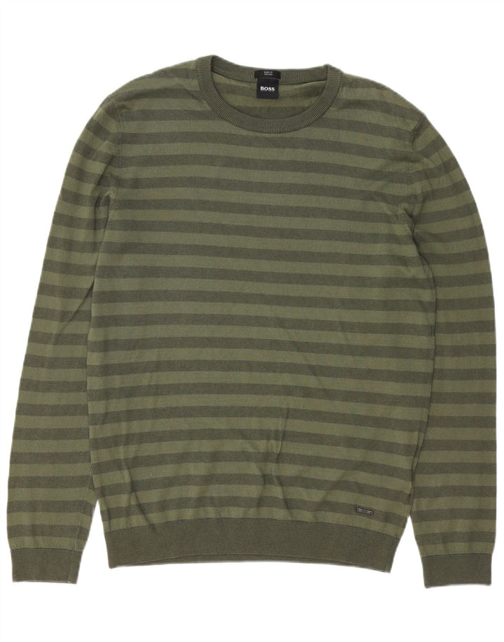 HUGO BOSS Hommes Slim Fit Crew Neck Jumper Pull Grand Vert Rayé