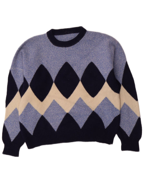 vintage Mens Crew Neck Jumper Pull Petit Bleu Argyle/Diamant