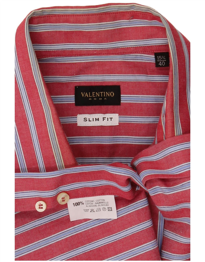 VALENTINO Chemise Slim Fit Homme Taille 15 1/2 40 Coton Rayé Rouge Moyen