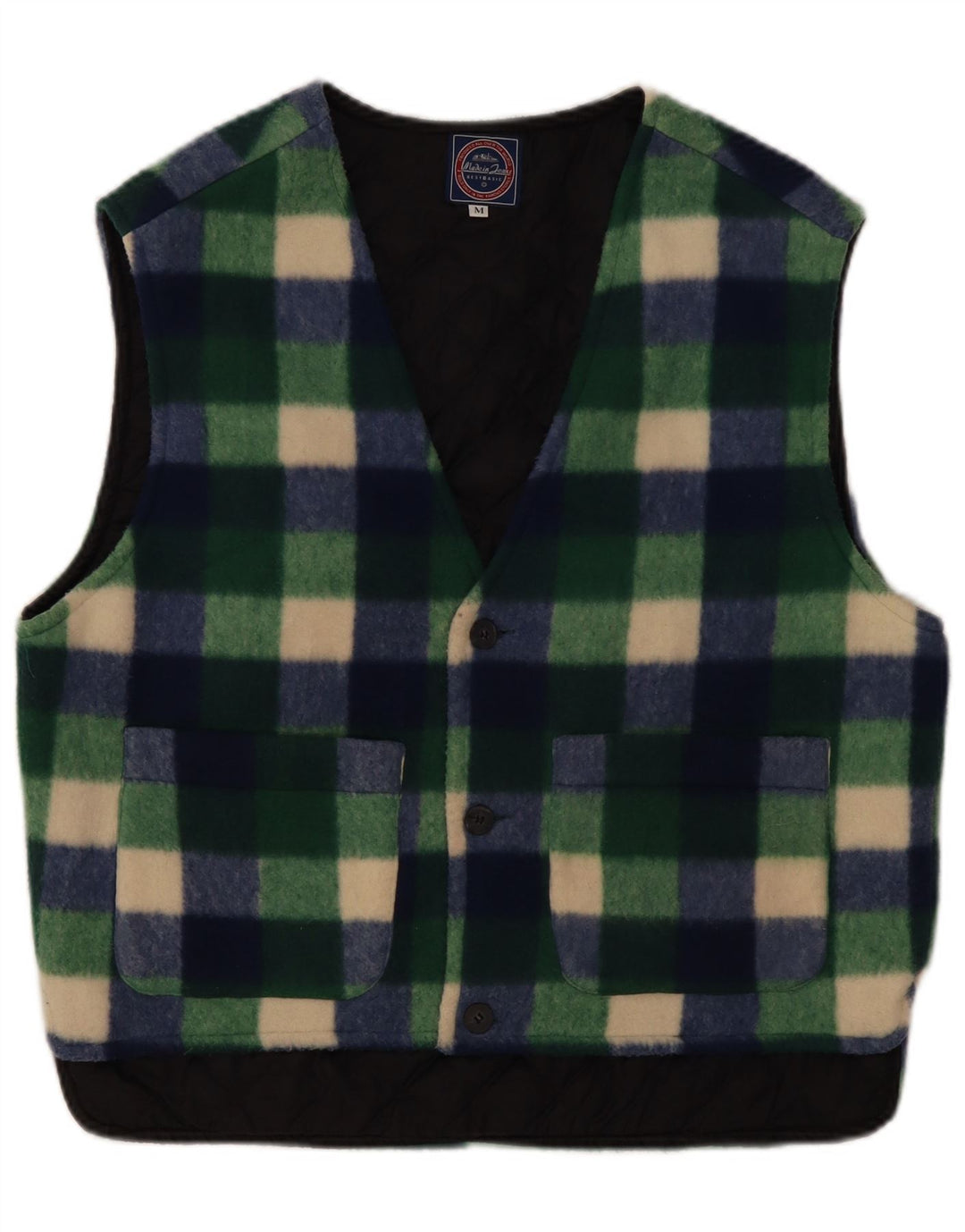 vintage Mens Fleece Gilet UK 38 Moyen Vert Gingham Polyester