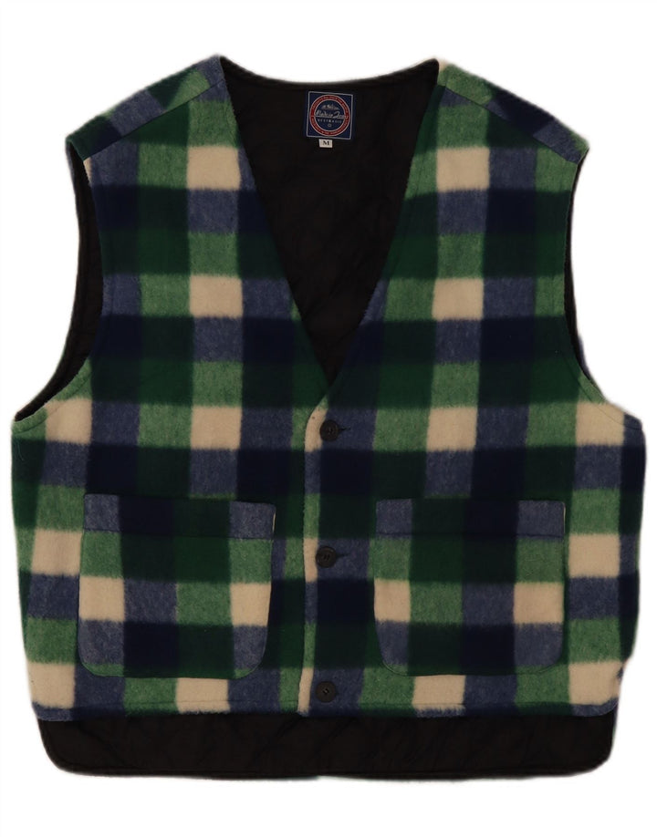 vintage Mens Fleece Gilet UK 38 Moyen Vert Gingham Polyester